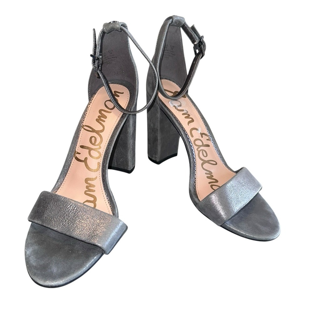 Sam Edelman Womens 8 Yaro Heels Sandals Metallic Gray Leather Glam Feminine Prom